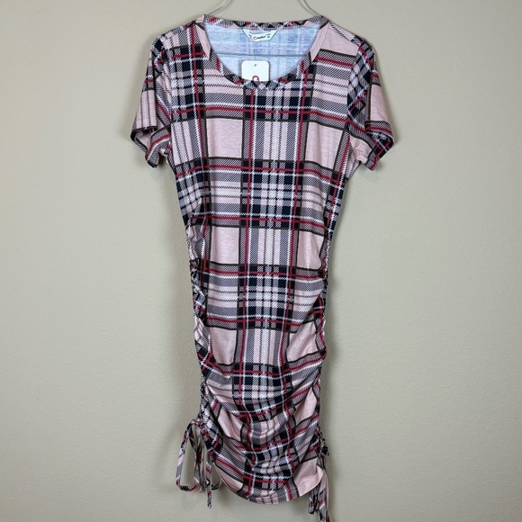 NWT Patpat Black/Red/White/Tan Plaid Drawstring Ruched Bodycon Dress; Size M - Picture 1 of 11